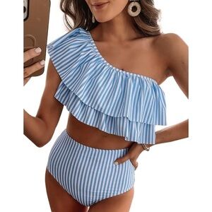 VIMPUNEC Ruffle One Shoulder Swimsuit Striped High Waisted bikini set -XXL